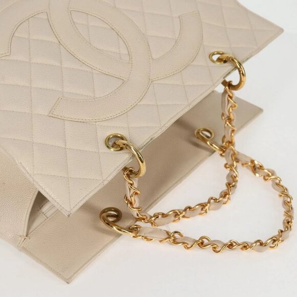 CHANEL Matelasse COCO Mark Chain Tote Bag Calf Skin Vanilla Gold CC Auth yk18012 - Picture 6 of 16